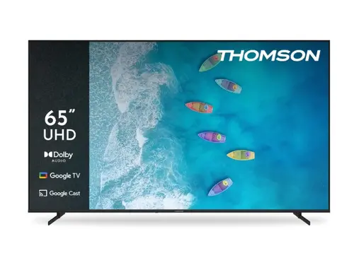 Телевизор, Thomson 65" UHD Google TV; 3840 x 2160 (4K UHD), DLED, 60 Hz, Dolby Audio, Google Cast, DVB-T/T2/C/S/S2, HDR10,  Wi-Fi, Bluetooth, LAN, HDMI 3 (2.1), USB 2 (2.0), AV IN, Hotel mode, Side Feet, Black