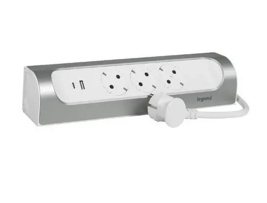 Γωνιακό πολύπριζο 3x Schuko+USB A+C με καλώδιο 1m LEGRAND - Λευκό/Αλουμίνιο