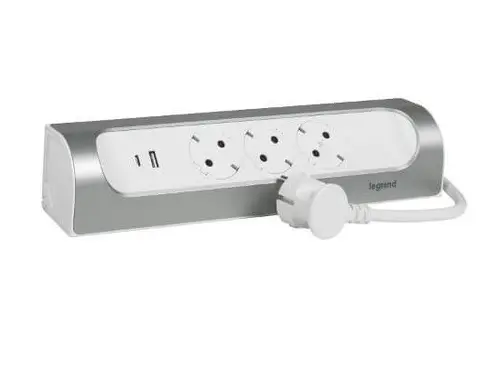 РАЗКЛОНИТЕЛЕН ЪГЪЛ 3х ШУКО+USB A+C КАБЕЛ 1м LEGRAND - БЯЛ/АЛУМИНИЙ