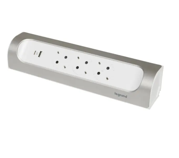 PRELUNGITOR UNGHIULAR FĂRĂ CABLU 3x SCHUKO+USB A+C LEGRAND - ALB/ALUMINIU