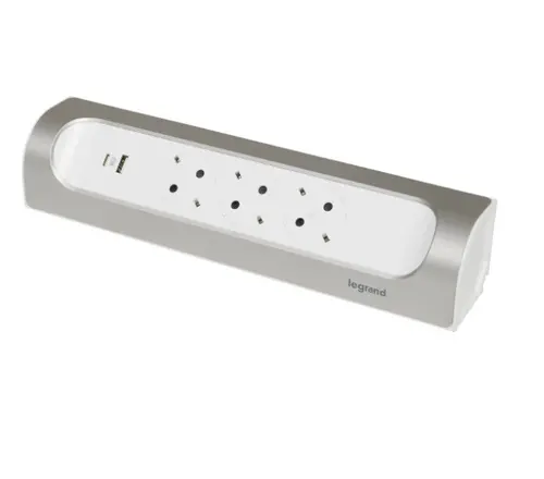 PRELUNGITOR UNGHIULAR FĂRĂ CABLU 3x SCHUKO+USB A+C LEGRAND - ALB/ALUMINIU - 1