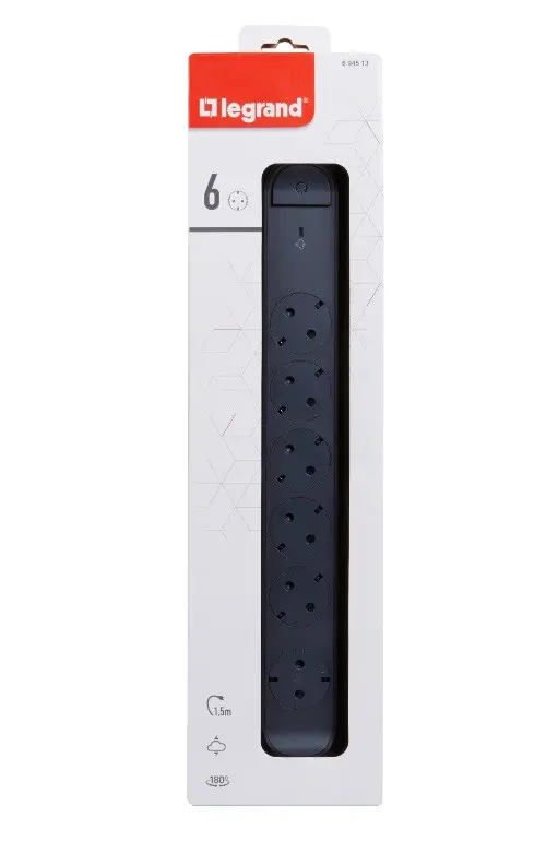 Multipriză Schuko 6x2P+E C cu cablu 1,5m și protecție împotriva trăsnetului 694513 LEGRAND - Negru/Gri - image 2