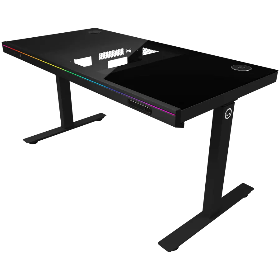 Dual-motor sit/stand adjustable-height gaming desk with built-in PC case, wireless charger, RGB lighting, control panel, and USB ports, tempered glass tabletop, black. - image 1