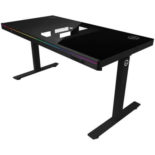 Dual-motor sit/stand adjustable-height gaming desk with built-in PC case, wireless charger, RGB lighting, control panel, and USB ports, tempered glass tabletop, black. - image 1