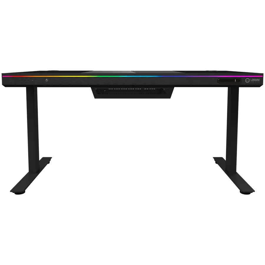 Dual-motor sit/stand adjustable-height gaming desk with built-in PC case, wireless charger, RGB lighting, control panel, and USB ports, tempered glass tabletop, black. - image 2