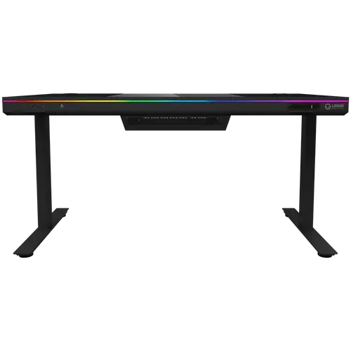 Dual-motor sit/stand adjustable-height gaming desk with built-in PC case, wireless charger, RGB lighting, control panel, and USB ports, tempered glass tabletop, black. - image 2