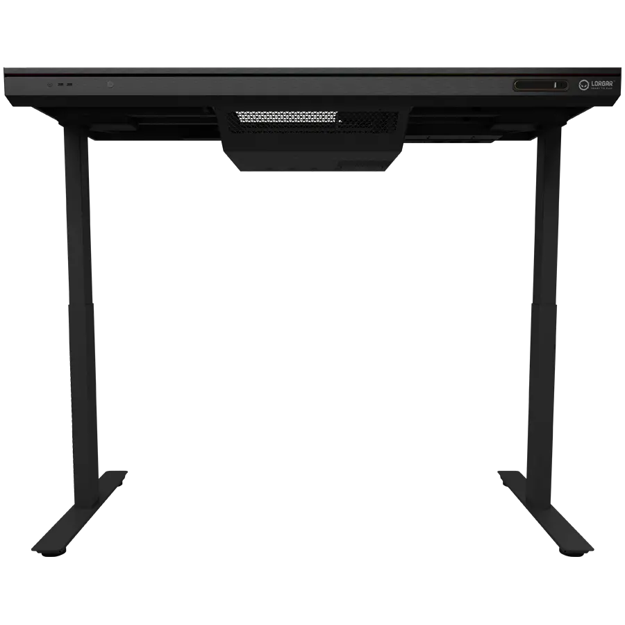 Dual-motor sit/stand adjustable-height gaming desk with built-in PC case, wireless charger, RGB lighting, control panel, and USB ports, tempered glass tabletop, black. - image 3