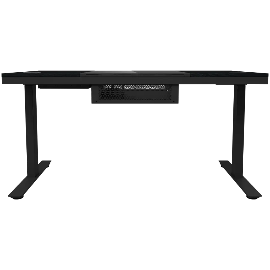 Dual-motor sit/stand adjustable-height gaming desk with built-in PC case, wireless charger, RGB lighting, control panel, and USB ports, tempered glass tabletop, black. - image 4