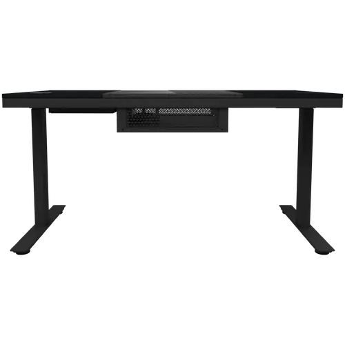 Dual-motor sit/stand adjustable-height gaming desk with built-in PC case, wireless charger, RGB lighting, control panel, and USB ports, tempered glass tabletop, black. - image 4