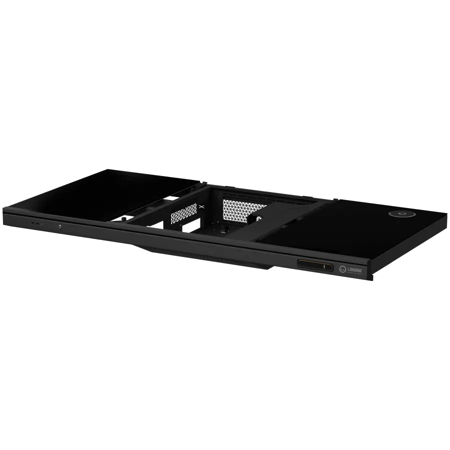 Dual-motor sit/stand adjustable-height gaming desk with built-in PC case, wireless charger, RGB lighting, control panel, and USB ports, tempered glass tabletop, black. - image 5