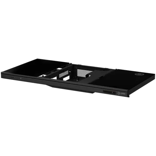 Dual-motor sit/stand adjustable-height gaming desk with built-in PC case, wireless charger, RGB lighting, control panel, and USB ports, tempered glass tabletop, black. - image 5