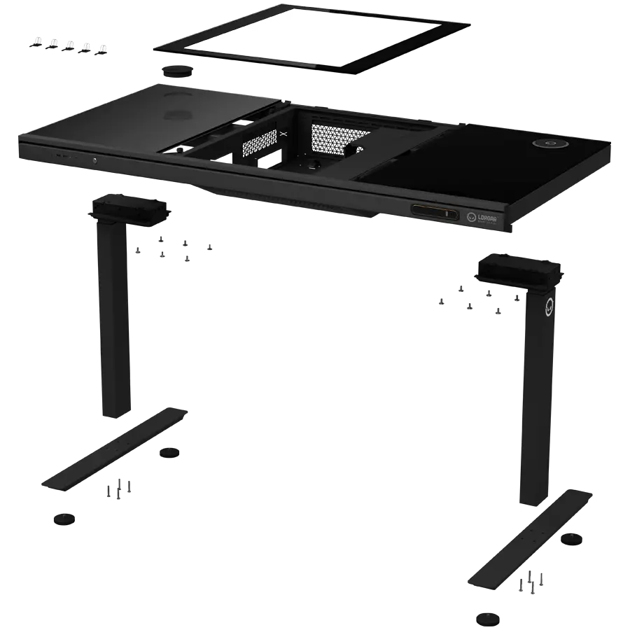 Dual-motor sit/stand adjustable-height gaming desk with built-in PC case, wireless charger, RGB lighting, control panel, and USB ports, tempered glass tabletop, black. - image 6