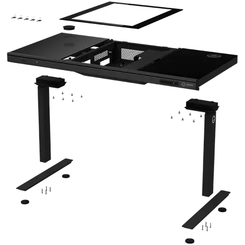 Dual-motor sit/stand adjustable-height gaming desk with built-in PC case, wireless charger, RGB lighting, control panel, and USB ports, tempered glass tabletop, black. - image 6