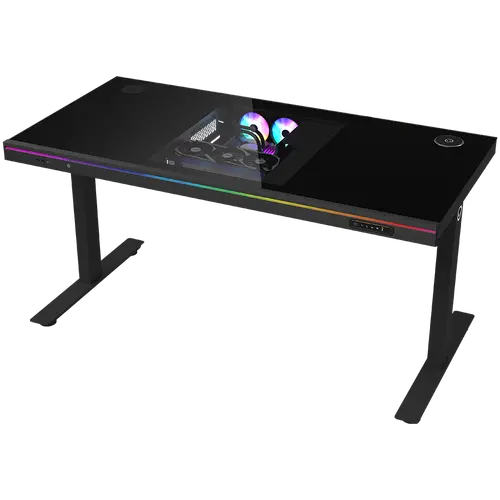 Dual-motor sit/stand adjustable-height gaming desk with built-in PC case, wireless charger, RGB lighting, control panel, and USB ports, tempered glass tabletop, black.