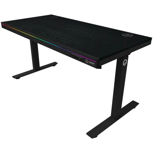 Dual-motor sit/stand adjustable-height gaming desk with wireless charger, RGB lighting, control panel, and USB ports, PB melamine surface tabletop, black. - image 1