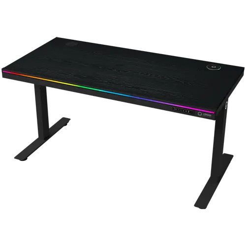 Dual-motor sit/stand adjustable-height gaming desk with wireless charger, RGB lighting, control panel, and USB ports, PB melamine surface tabletop, black.