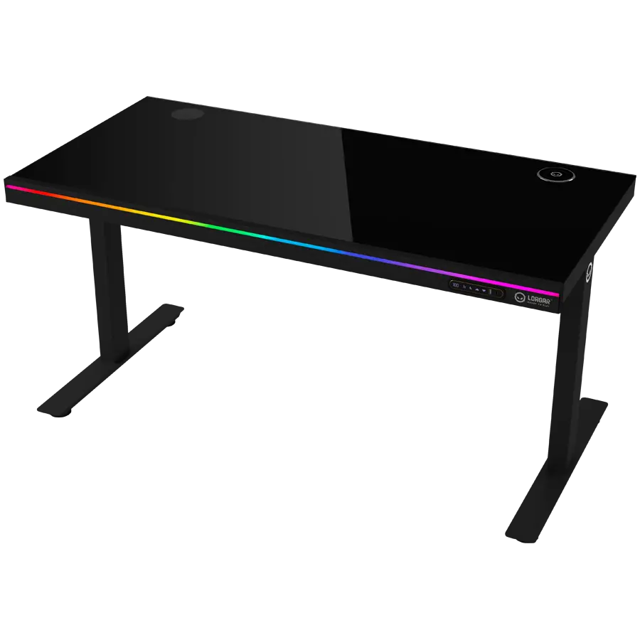 LORGAR Birou gaming electric DP80G cu motor dublu, RGB, sticlă, negru