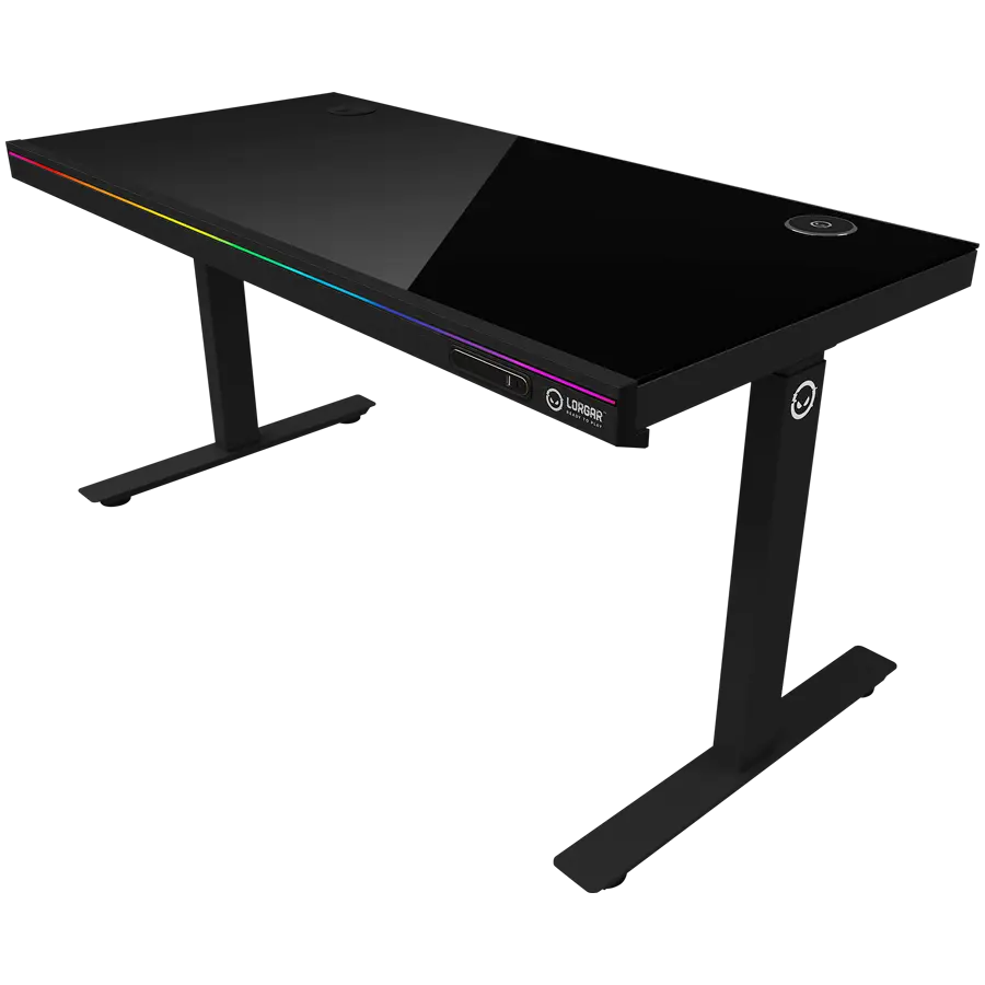 Dual-motor sit/stand adjustable-height gaming desk with wireless charger, RGB lighting, control panel, and USB ports, solid tempered glass tabletop, black. - image 1