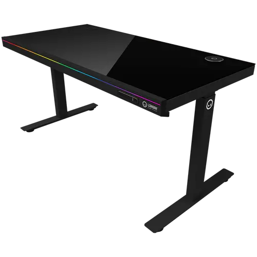 Dual-motor sit/stand adjustable-height gaming desk with wireless charger, RGB lighting, control panel, and USB ports, solid tempered glass tabletop, black. - image 1