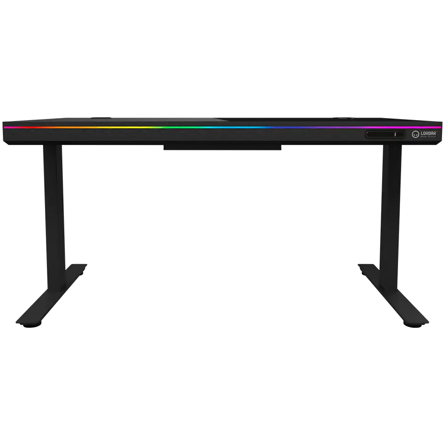 Dual-motor sit/stand adjustable-height gaming desk with wireless charger, RGB lighting, control panel, and USB ports, solid tempered glass tabletop, black. - image 2