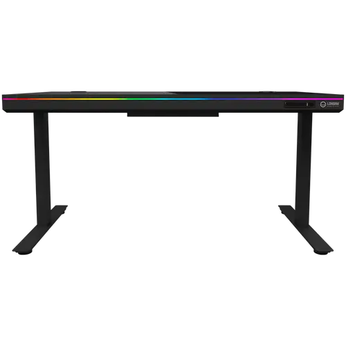 Dual-motor sit/stand adjustable-height gaming desk with wireless charger, RGB lighting, control panel, and USB ports, solid tempered glass tabletop, black. - image 2