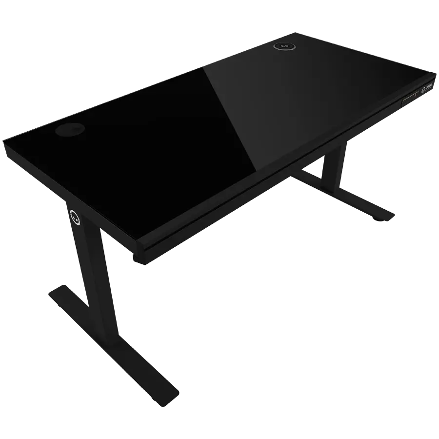 Dual-motor sit/stand adjustable-height gaming desk with wireless charger, RGB lighting, control panel, and USB ports, solid tempered glass tabletop, black. - image 3