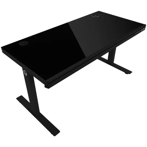 Dual-motor sit/stand adjustable-height gaming desk with wireless charger, RGB lighting, control panel, and USB ports, solid tempered glass tabletop, black. - image 3