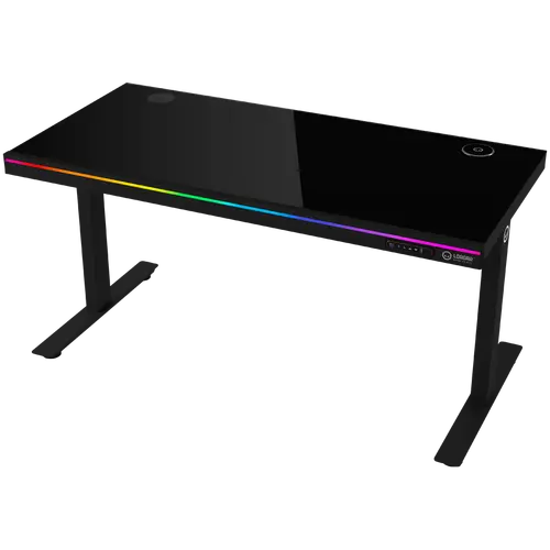 Dual-motor sit/stand adjustable-height gaming desk with wireless charger, RGB lighting, control panel, and USB ports, solid tempered glass tabletop, black.