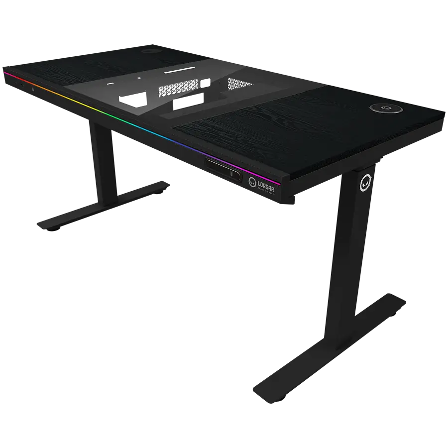 Dual-motor sit/stand adjustable-height gaming desk with built-in PC case, wireless charger, RGB lighting, control panel, and USB ports, PB melamine surface tabletop, black. - image 1