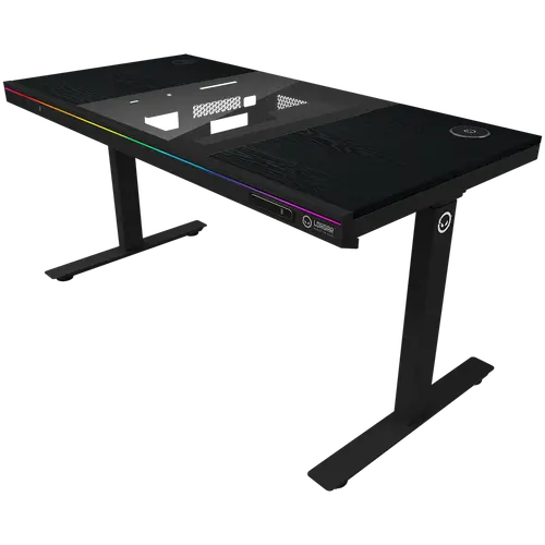 Dual-motor sit/stand adjustable-height gaming desk with built-in PC case, wireless charger, RGB lighting, control panel, and USB ports, PB melamine surface tabletop, black. - image 1