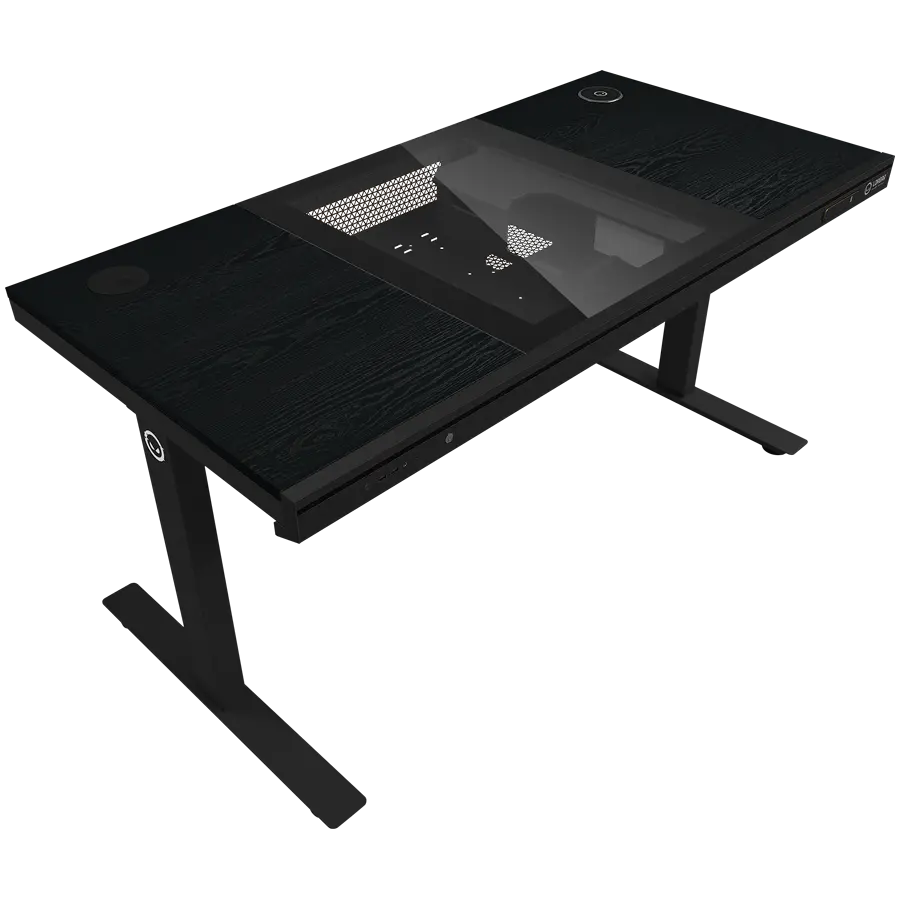 Dual-motor sit/stand adjustable-height gaming desk with built-in PC case, wireless charger, RGB lighting, control panel, and USB ports, PB melamine surface tabletop, black. - image 2