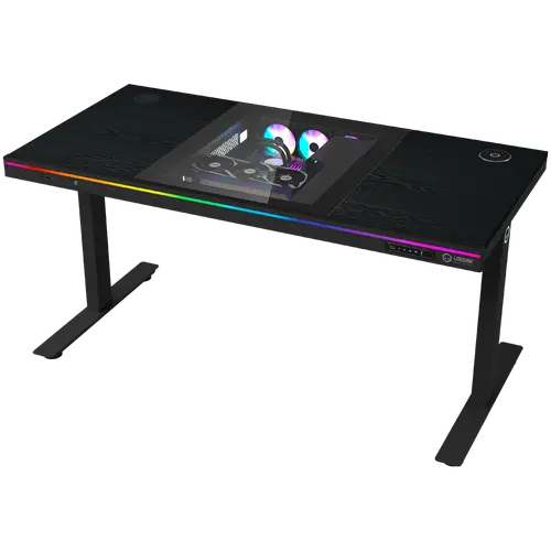 Dual-motor sit/stand adjustable-height gaming desk with built-in PC case, wireless charger, RGB lighting, control panel, and USB ports, PB melamine surface tabletop, black.