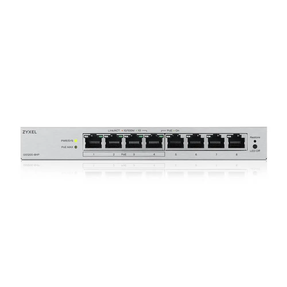Switch, ZyXEL GS1200-8HP v3, 8 θυρών Gigabit PoE+ Desktop Switch με web διαχείριση, 4x PoE, 68 Watt