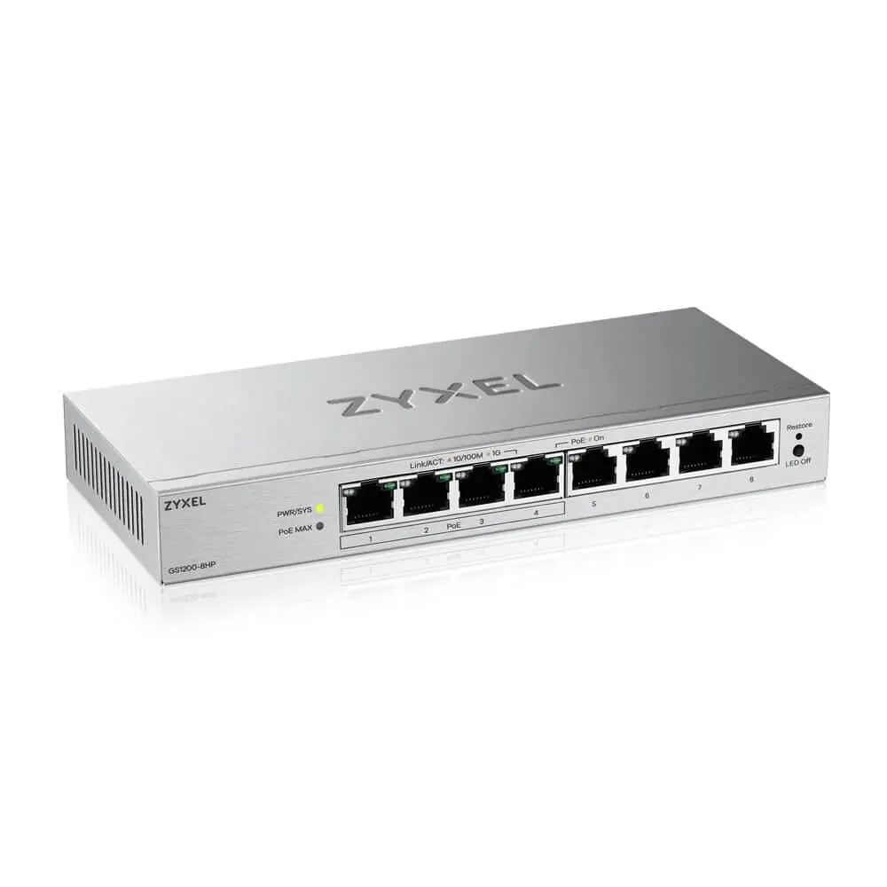 Комутатор, ZyXEL GS1200-8HP v3, 8 Port Gigabit PoE+ webmanaged Desktop Switch, 4x PoE, 68 Watt