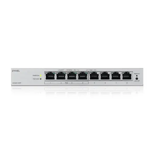 Комутатор, ZyXEL GS1200-8HP v3, 8 Port Gigabit PoE+ webmanaged Desktop Switch, 4x PoE, 68 Watt