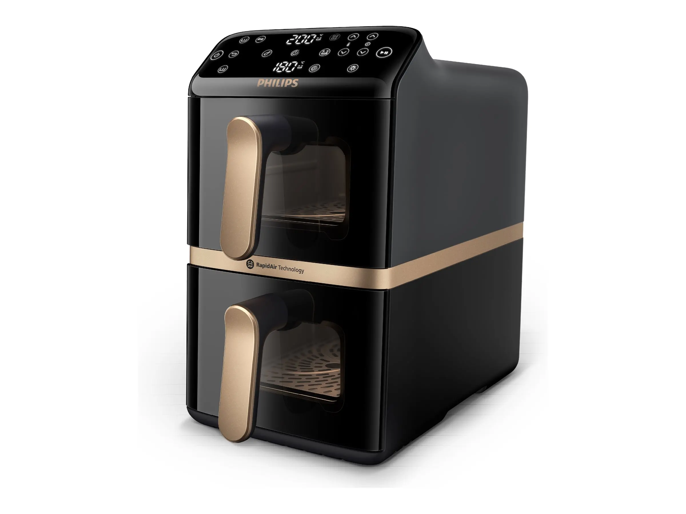 PHILIPS Airfryer Series 4000 cu coșuri verticale 2 x 5L, ecran tactil cu 6 programe