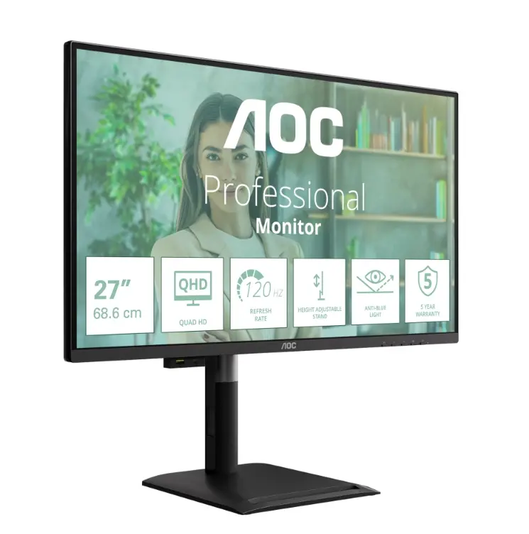 Монитор, AOC Q27P4U, 27" IPS WLED, 2560x1440@120Hz, 4ms GtG, 350cd m2, 1500:1, DCR 50M:1, Adaptive Sync, FlickerFree, Anti Blue Light, 2Wx2, Tilt, Height Adjust, Pivot, Swivel, 2xHDMI, DP, USB hub - image 2