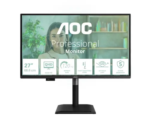 Монитор, AOC Q27P4U, 27" IPS WLED, 2560x1440@120Hz, 4ms GtG, 350cd m2, 1500:1, DCR 50M:1, Adaptive Sync, FlickerFree, Anti Blue Light, 2Wx2, Tilt, Height Adjust, Pivot, Swivel, 2xHDMI, DP, USB hub
