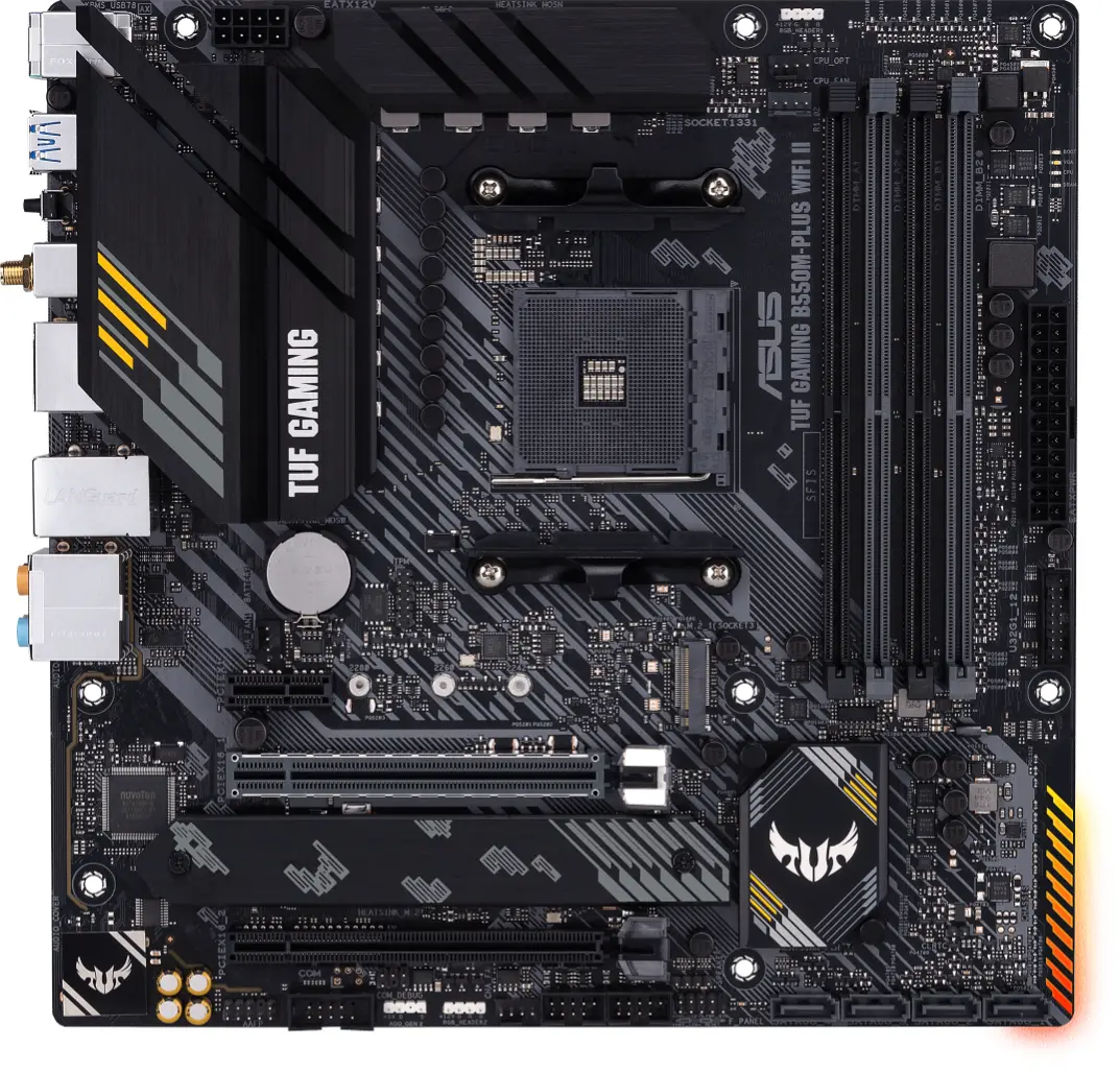 Дънна платка ASUS TUF GAMING B550M-PLUS WIFI II, AMD AM4, micro ATX, 4x DDR4, dual M.2, Wi-Fi 6, PCIe 4.0, Aura Sync RGB