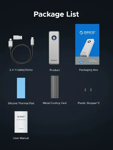 Orico външна кутия за диск Storage - Case - M.2 NVMe M key - USB-C/A, 20Gbps, Built-in Air Cooling, Aluminium - OUM2-G20-SV - image 15