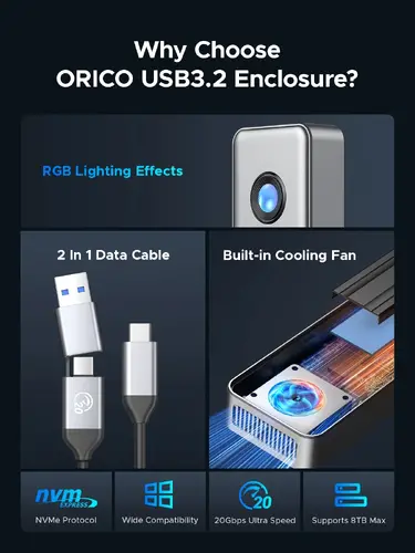 Orico външна кутия за диск Storage - Case - M.2 NVMe M key - USB-C/A, 20Gbps, Built-in Air Cooling, Aluminium - OUM2-G20-SV - image 16