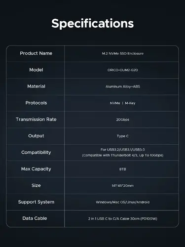 Orico външна кутия за диск Storage - Case - M.2 NVMe M key - USB-C/A, 20Gbps, Built-in Air Cooling, Aluminium - OUM2-G20-SV - image 17