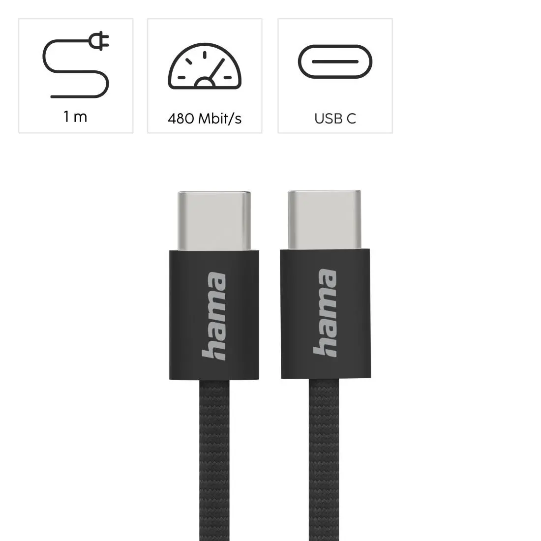 HAMA Кабел за зареждане "Fabric", USB-C - USB-C, 1 m, Nylon, черен - image 7