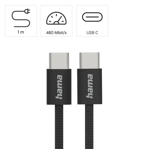 HAMA Кабел за зареждане "Fabric", USB-C - USB-C, 1 m, Nylon, черен - image 7