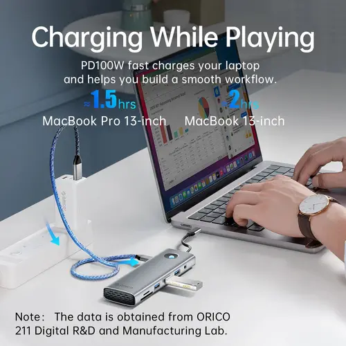 Orico докинг станция Docking Station Type-C - PW11-9P-GY-EP - HDMI x 1, VGA x 1, USB3.0 x 3, USB-C PD100W x 1, LAN x 1 (1Gbps), SD/TF - image 3