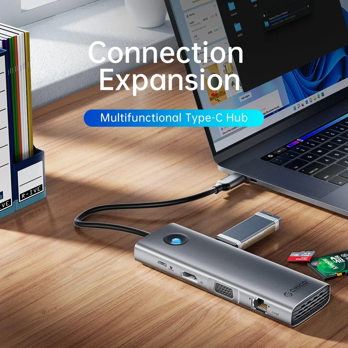 Orico докинг станция Docking Station Type-C - PW11-9P-GY-EP - HDMI x 1, VGA x 1, USB3.0 x 3, USB-C PD100W x 1, LAN x 1 (1Gbps), SD/TF - image 4