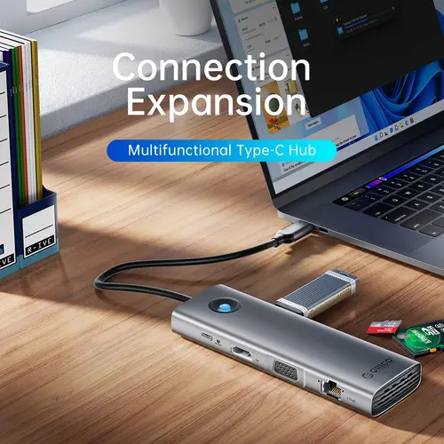 Orico докинг станция Docking Station Type-C - PW11-9P-GY-EP - HDMI x 1, VGA x 1, USB3.0 x 3, USB-C PD100W x 1, LAN x 1 (1Gbps), SD/TF - image 4