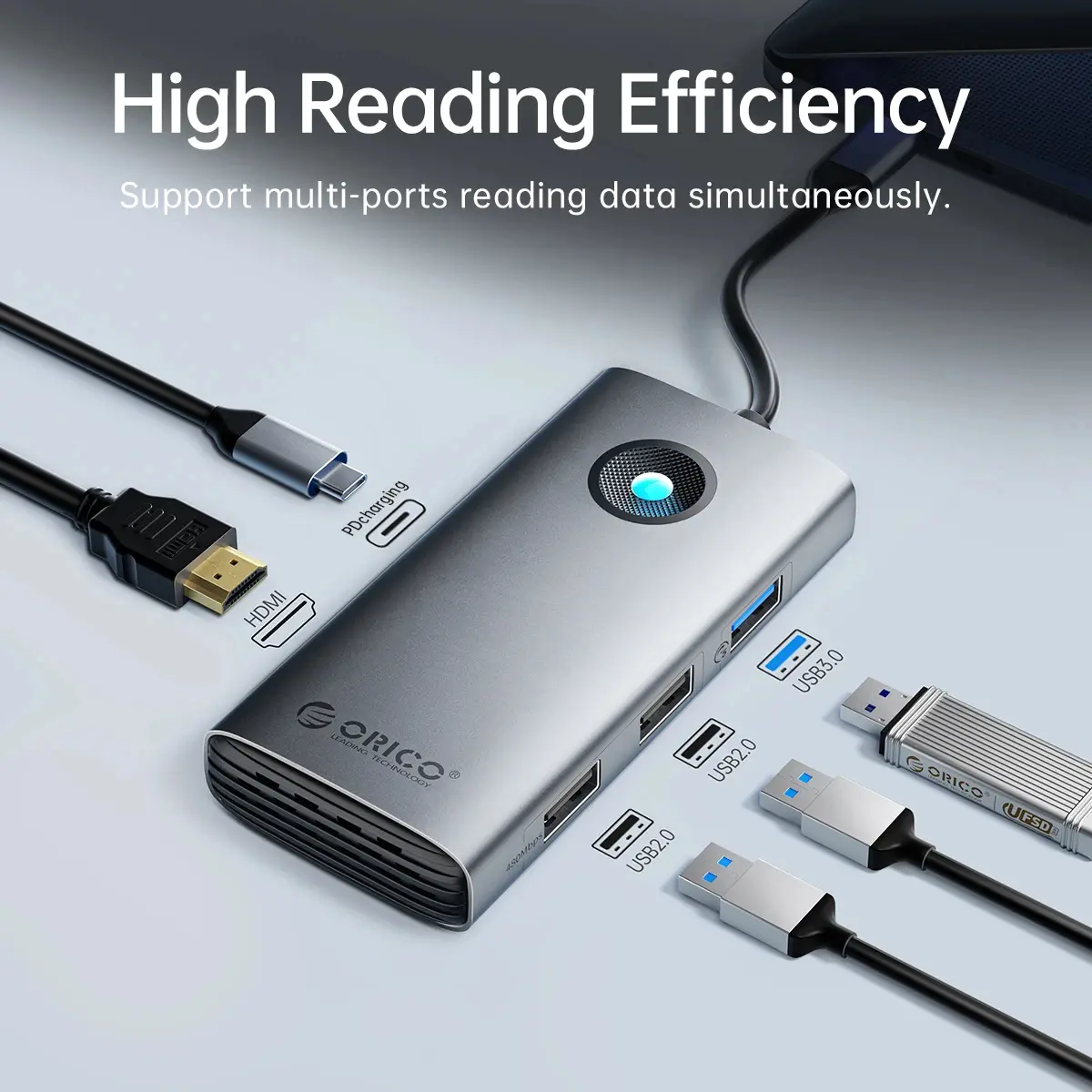 Orico докинг станция Docking Station Type-C - PW11-6PR-GY-EP - HDMI x 1, USB-C x 1, USB3.0 x 3, USB-C PD100W x 1, LAN x 1 (1Gbps) - image 4