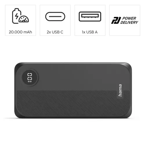 HAMA Външна батерия 20000 mAh, 3 изхода: 2 x USB-C, 1 x USB-A, черна - image 7