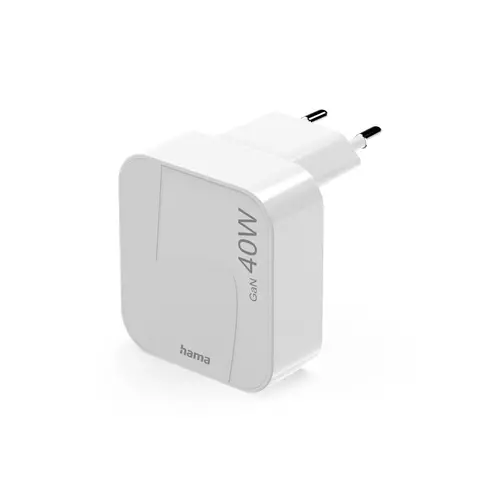 HAMA Încărcător rapid mini GaN, 2 x USB-C, PD, 40 W, adaptor pliabil, alb - 1